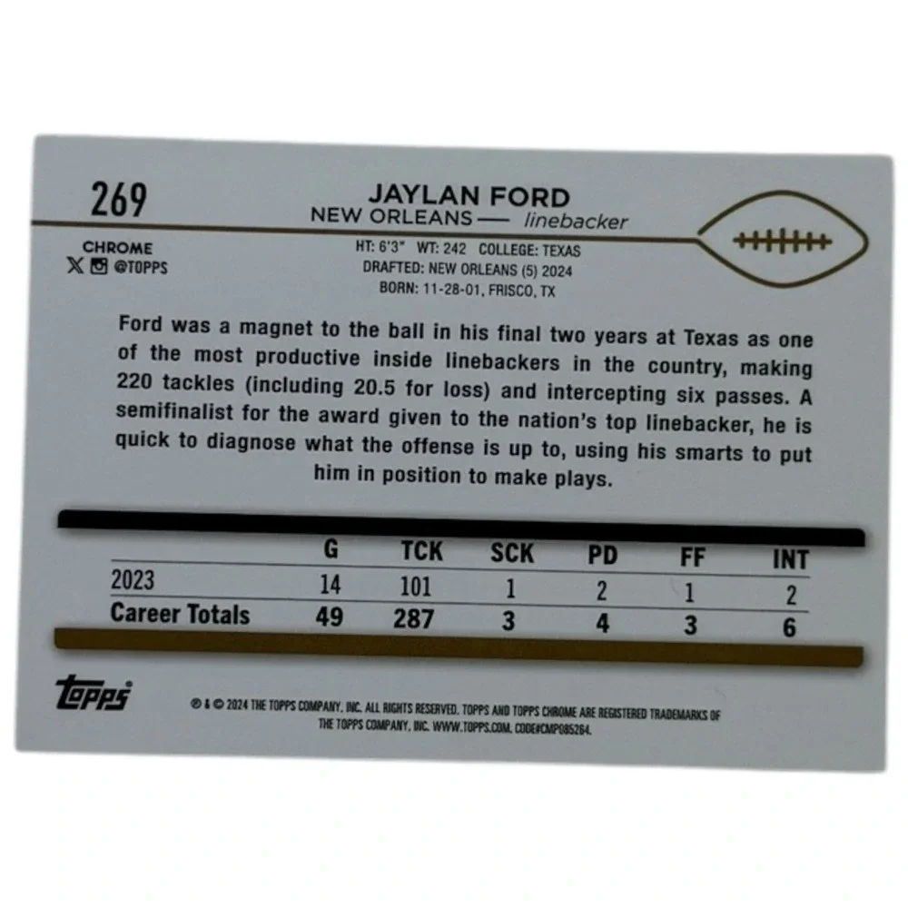 2024 Topps Chrome - Rookies Jaylan Ford #269 (RC)‎